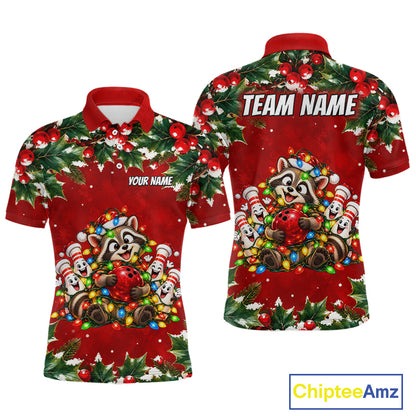 Custom Christmas Bowling Shirt for Men Funny Raccoon Bowling Jersey Polo & 1/4-Zip QZT1405