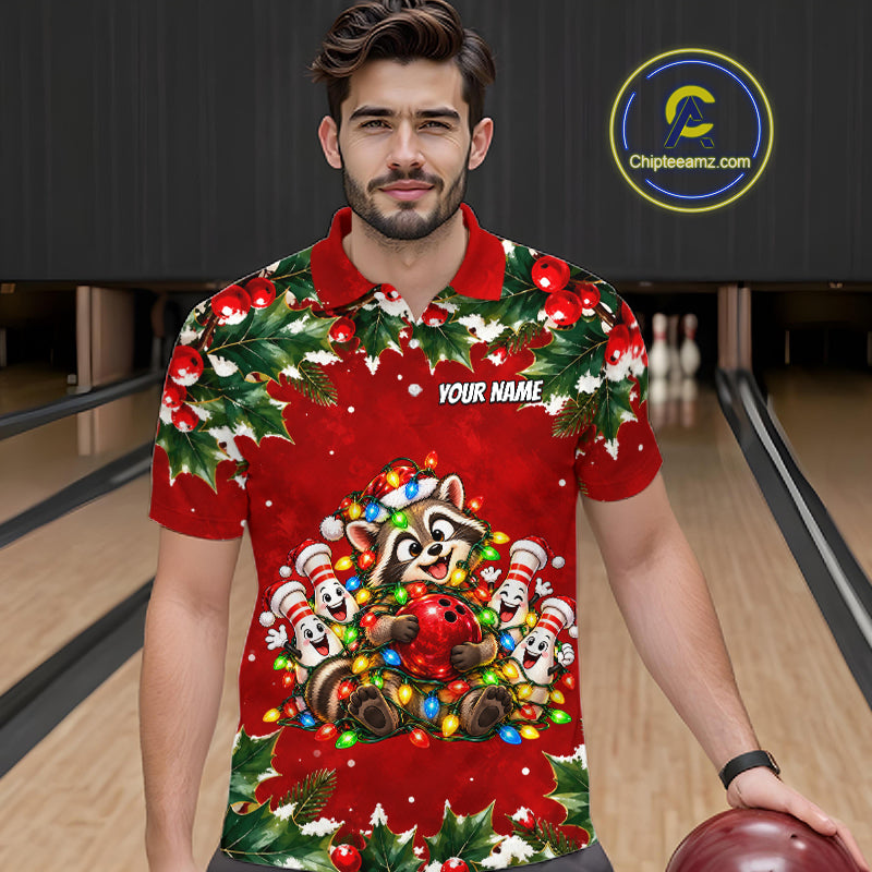 Custom Christmas Bowling Shirt for Men Funny Raccoon Bowling Jersey Polo & 1/4-Zip QZT1405