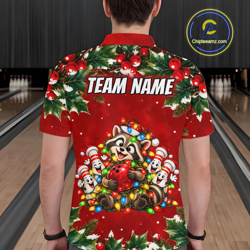 Custom Christmas Bowling Shirt for Men Funny Raccoon Bowling Jersey Polo & 1/4-Zip QZT1405