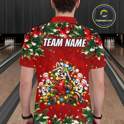 Custom Christmas Bowling Shirt for Men Funny Raccoon Bowling Jersey Polo & 1/4-Zip QZT1405