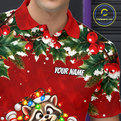 Custom Christmas Bowling Shirt for Men Funny Raccoon Bowling Jersey Polo & 1/4-Zip QZT1405