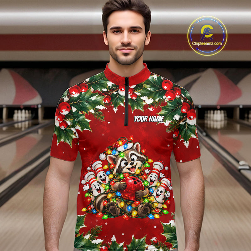 Custom Christmas Bowling Shirt for Men Funny Raccoon Bowling Jersey Polo & 1/4-Zip QZT1405