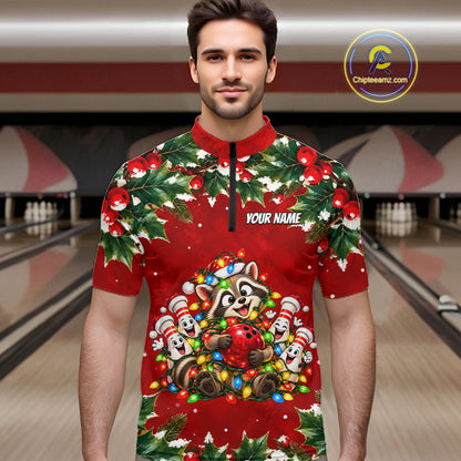 Custom Christmas Bowling Shirt for Men Funny Raccoon Bowling Jersey Polo & 1/4-Zip QZT1405