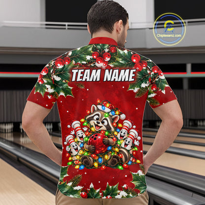 Custom Christmas Bowling Shirt for Men Funny Raccoon Bowling Jersey Polo & 1/4-Zip QZT1405