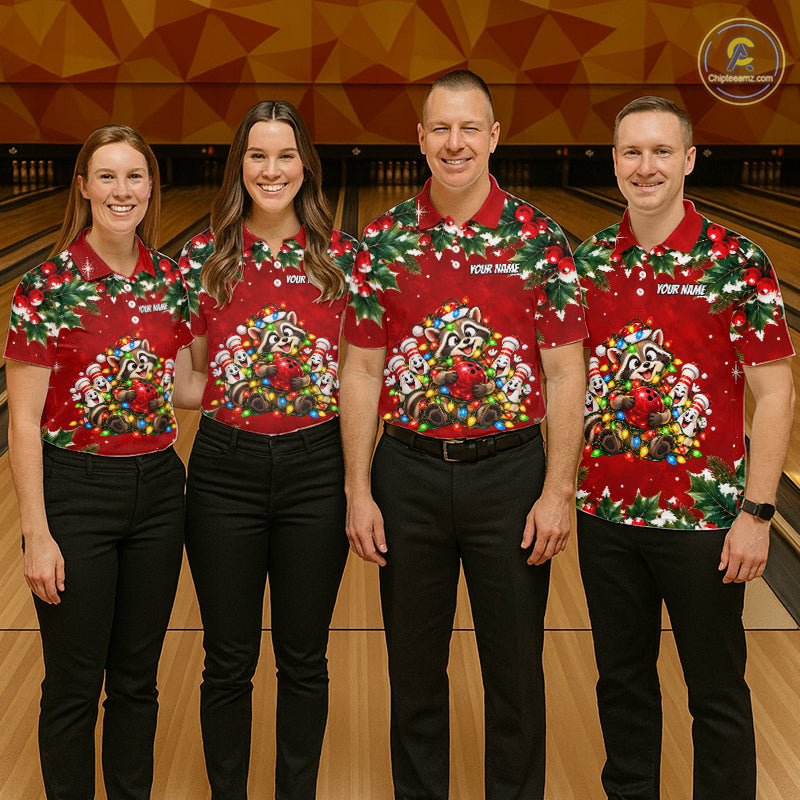 Custom Christmas Bowling Shirt for Men Funny Raccoon Bowling Jersey Polo & 1/4-Zip QZT1405
