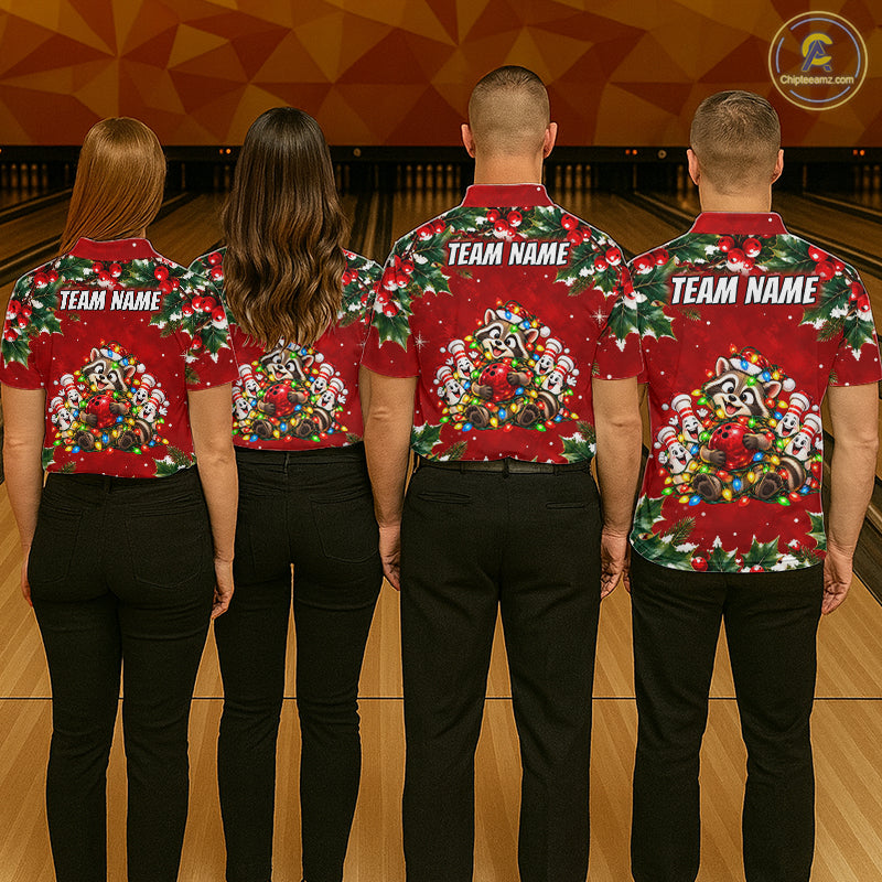 Custom Christmas Bowling Shirt for Men Funny Raccoon Bowling Jersey Polo & 1/4-Zip QZT1405