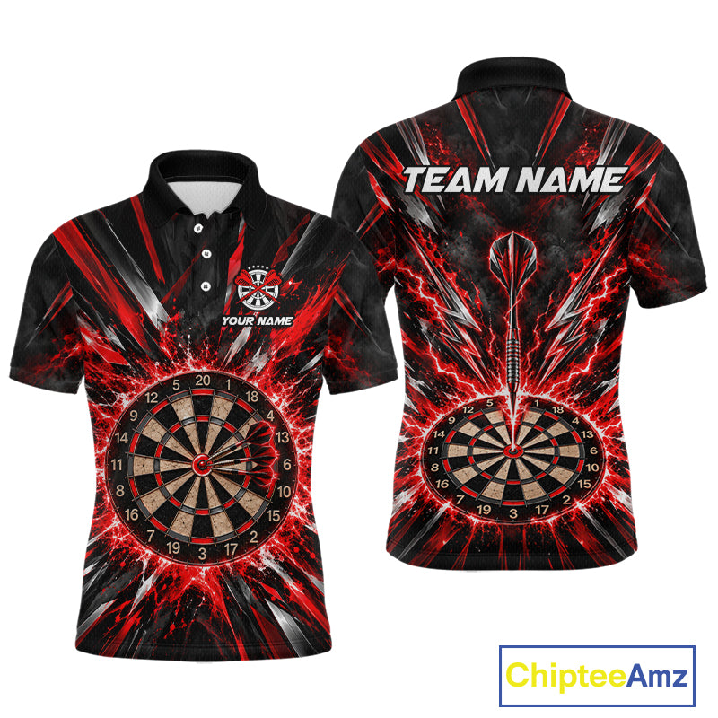 Custom Black Red Lightning Bolts Dart Shirt for Men Dartboard Darts Jersey Polo & 1/4 Zip DHT112