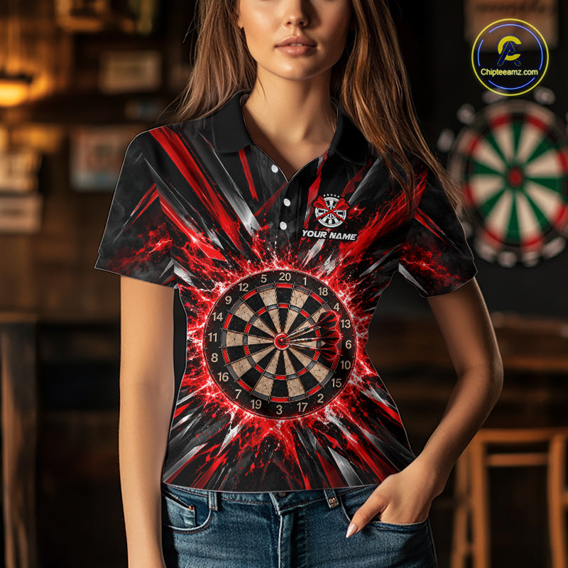 Custom Black Red Lightning Bolts Dart Shirt for Women Dartboard Darts Jersey Polo & 1/4 Zip DHT112