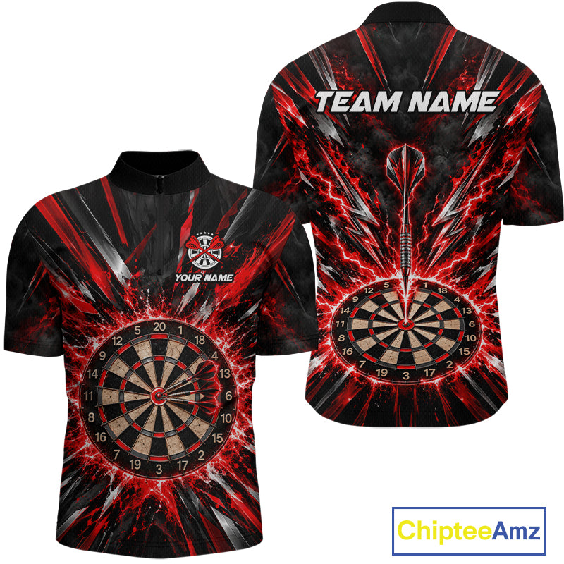 Custom Black Red Lightning Bolts Dart Shirt for Men Dartboard Darts Jersey Polo & 1/4 Zip DHT112