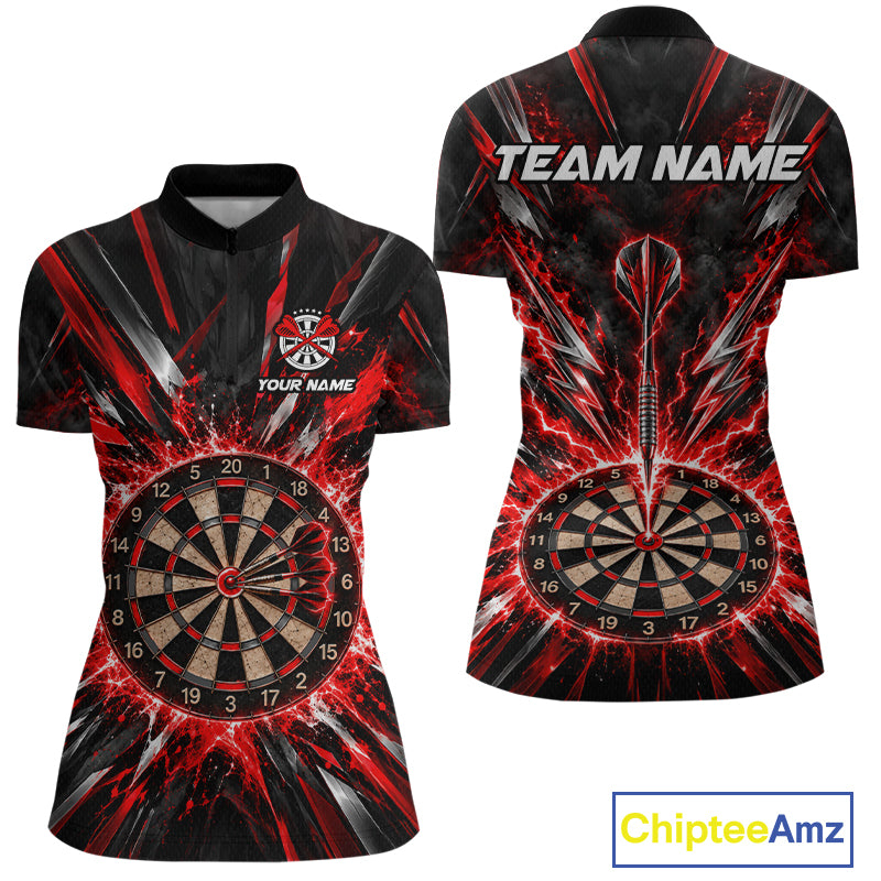 Custom Black Red Lightning Bolts Dart Shirt for Women Dartboard Darts Jersey Polo & 1/4 Zip DHT112