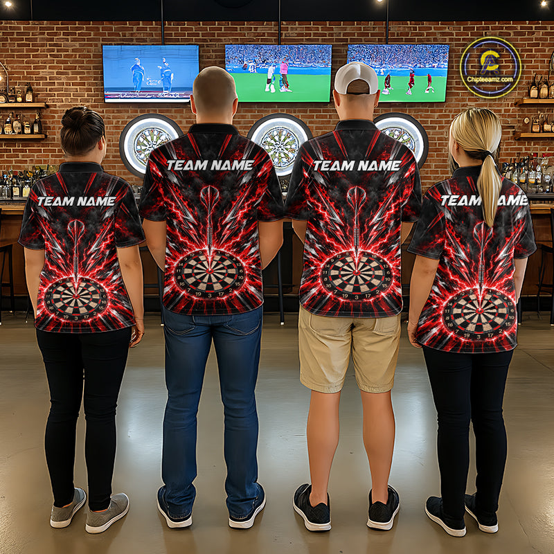 Custom Black Red Lightning Bolts Dart Shirt for Men Dartboard Darts Jersey Polo & 1/4 Zip DHT112