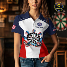 Load image into Gallery viewer, Custom American Flag Dart Shirt for Women Patriotic Dart Team Jersey Dartboard Polo &amp; Quarter-Zip DHT15