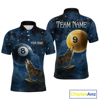 Two views of polo shirts with wolf and pool ball designs, one with 'Your Name' and 'Team Name' text, the other with a 9-ball design, on a white background.