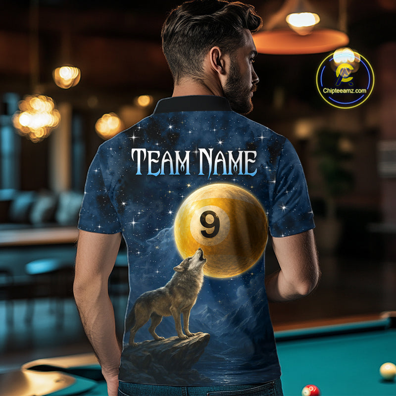 Man wearing a shirt with a wolf and pool ball design in a bar setting