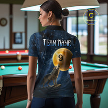 Load image into Gallery viewer, Woman wearing a shirt with a wolf and number 9 design in a pool hall.