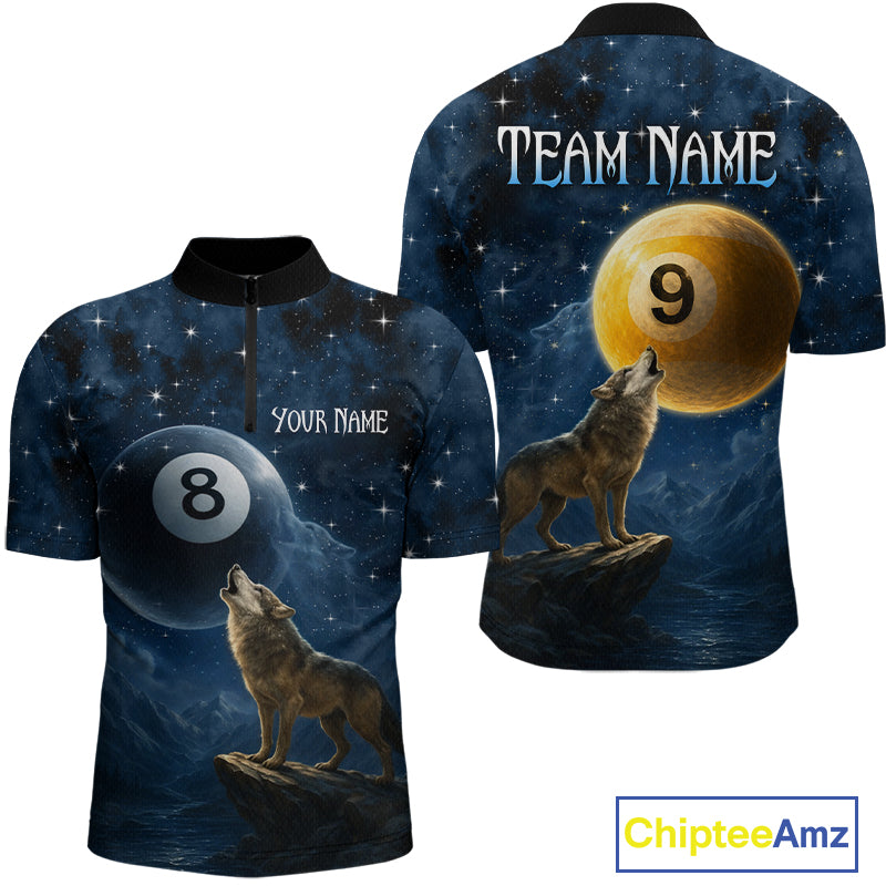 Two views of a shirt with wolf designs and pool balls, one with 'Team Name' and 'Your Name' text, the other with a 9 ball and mountain background.