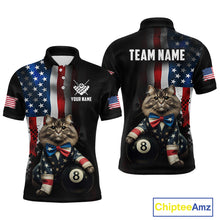 Load image into Gallery viewer, Black short-sleeve polo shirt shown from front and back with a patriotic American flag print, a cat wearing a bow tie and holding an 8-ball, and customizable text areas including 'TEAM NAME' and 'YOUR NAME'.