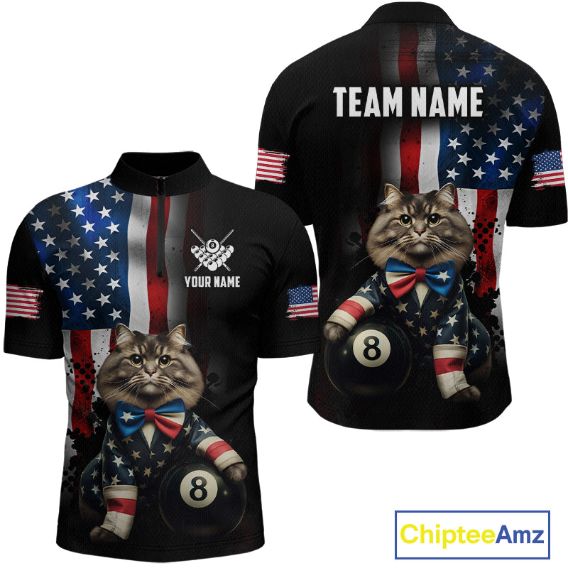 Custom short-sleeve jersey shown from front and back on a white background. The jersey features a black base with an American flag pattern, a large graphic of a cat in a star-patterned suit holding an 8-ball, and customizable text areas reading 'TEAM NAME' and 'YOUR NAME'.