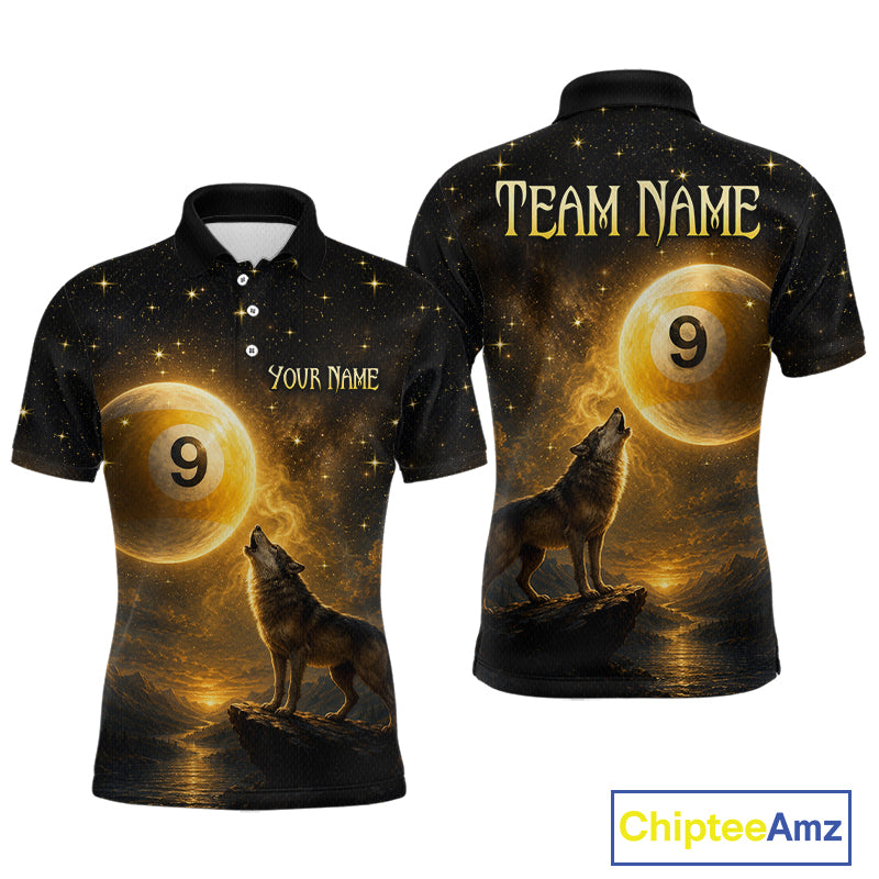 Front and back views of a black short-sleeve polo shirt featuring a cosmic 9-ball pool design with a howling wolf, gold stars, and customizable text placeholders 'TEAM NAME' and 'YOUR NAME'.