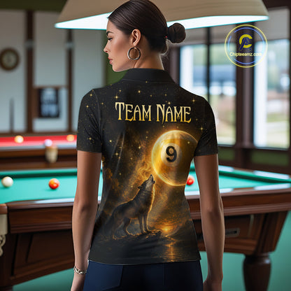 A woman stands in a billiards room wearing a custom black short-sleeve polo shirt from the back. The shirt features a detailed graphic print of a howling wolf under a full moon with the text 'TEAM NAME' and a customizable number '9'.