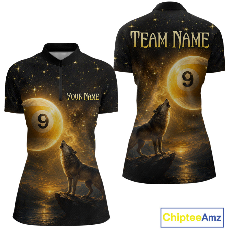 Custom short-sleeve quarter-zip jersey shown from the front and back, featuring a dark cosmic print with stars, a glowing gold moon with the number 9, a howling wolf on a rock, and placeholder text 'TEAM NAME' and 'YOUR NAME'.