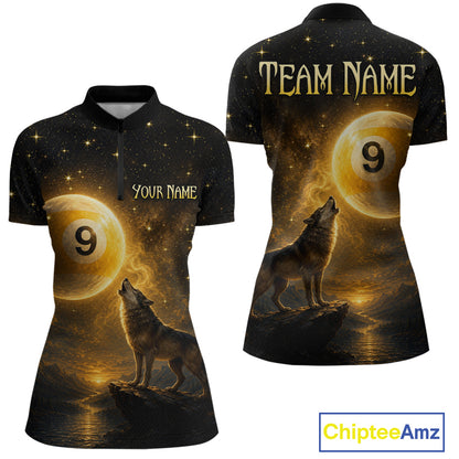 Custom short-sleeve quarter-zip jersey shown from the front and back, featuring a dark cosmic print with stars, a glowing gold moon with the number 9, a howling wolf on a rock, and placeholder text 'TEAM NAME' and 'YOUR NAME'.