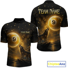 Load image into Gallery viewer, Custom short-sleeve quarter-zip jersey shown from front and back on a white background. The shirt features a black base with a large golden-yellow billiard ball graphic containing the number 9, a howling wolf, stars, and customizable text reading 'TEAM NAME' on the back and 'YOUR NAME' on the front.