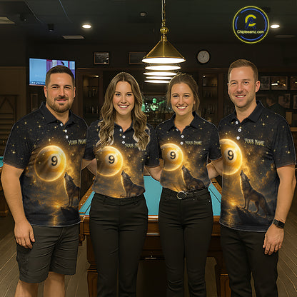 Four people standing in a dimly lit bar or lounge wearing matching dark polo shirts with a glowing gold circular graphic and the text 'Your Name' on the chest. A pool table is visible behind them