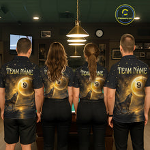 Load image into Gallery viewer, Four people standing with their backs to the camera in a dimly lit indoor setting, wearing matching custom-printed dark blue and black short-sleeve jerseys with a gold pool ball graphic, wolf howling silhouettes, and 'TEAM NAME' text on the back.