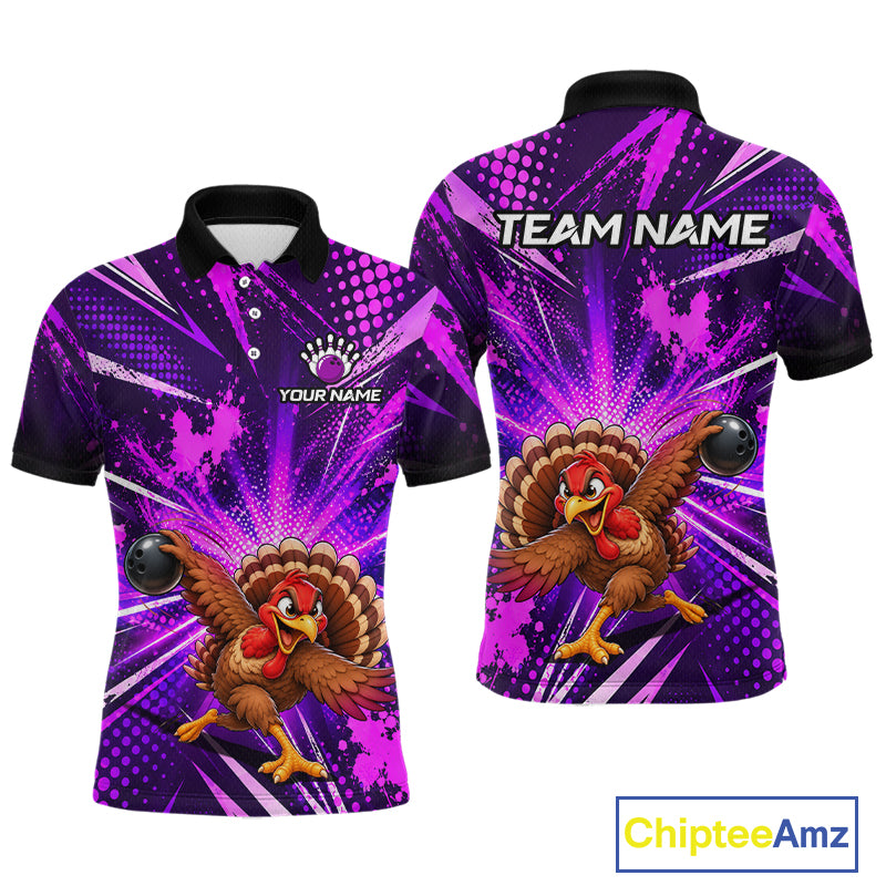 Custom Purple Funny Turkey Bowling Shirt for Men Thanksgiving Bowling Jersey QZT1336