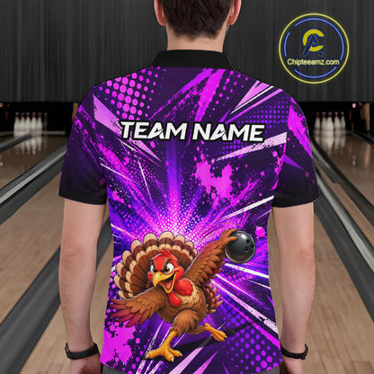 Custom Purple Funny Turkey Bowling Shirt for Men Thanksgiving Bowling Jersey QZT1336