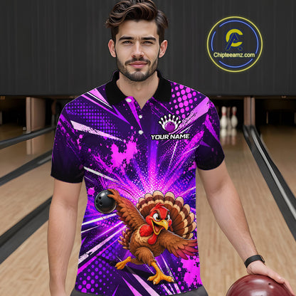 Custom Purple Funny Turkey Bowling Shirt for Men Thanksgiving Bowling Jersey QZT1336