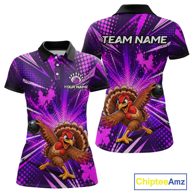 Custom Purple Funny Turkey Bowling Shirt for Women Thanksgiving Bowling Jersey QZT1336
