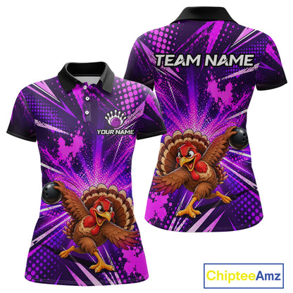 Custom Purple Funny Turkey Bowling Shirt for Women Thanksgiving Bowling Jersey QZT1336