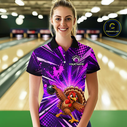 Custom Purple Funny Turkey Bowling Shirt for Women Thanksgiving Bowling Jersey QZT1336
