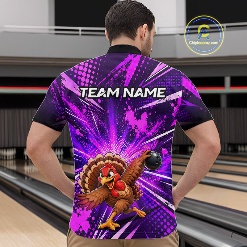 Custom Purple Funny Turkey Bowling Shirt for Men Thanksgiving Bowling Jersey QZT1336