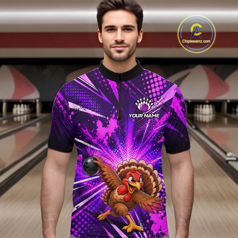 Custom Purple Funny Turkey Bowling Shirt for Men Thanksgiving Bowling Jersey QZT1336