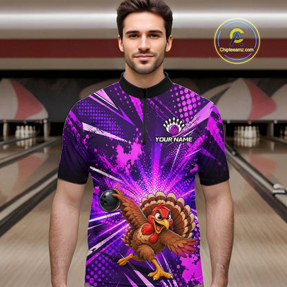 Custom Purple Funny Turkey Bowling Shirt for Men Thanksgiving Bowling Jersey QZT1336