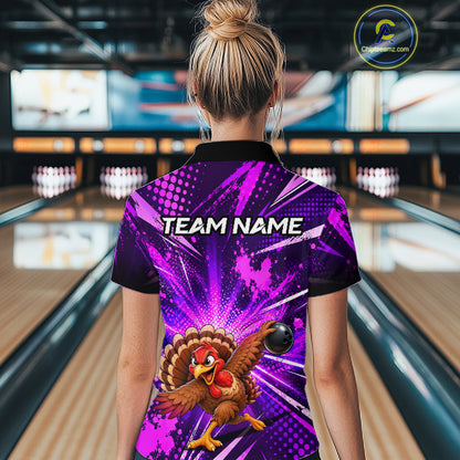 Custom Purple Funny Turkey Bowling Shirt for Women Thanksgiving Bowling Jersey QZT1336