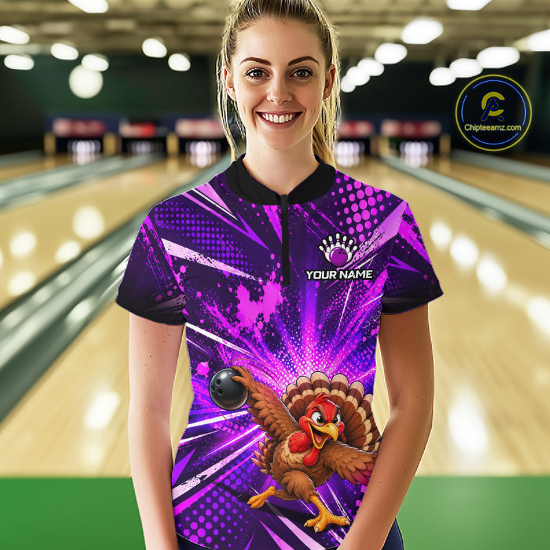 Custom Purple Funny Turkey Bowling Shirt for Women Thanksgiving Bowling Jersey QZT1336