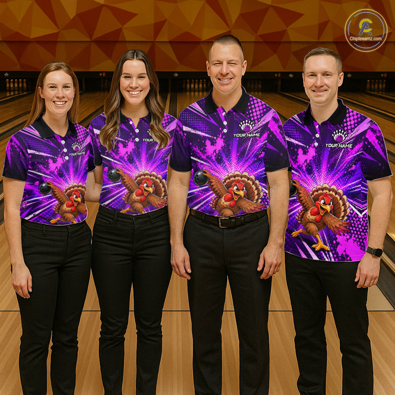 Custom Purple Funny Turkey Bowling Shirt for Women Thanksgiving Bowling Jersey QZT1336