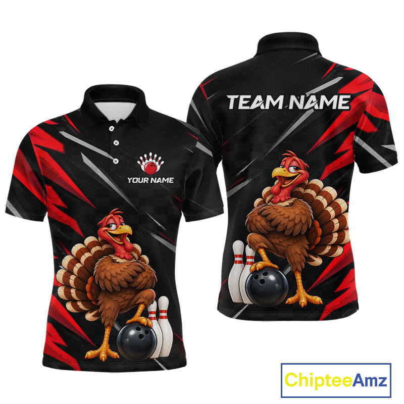 Custom Black & Red Funny Turkey Bowling Shirt for Men Thanksgiving Bowling Jersey QZT1337
