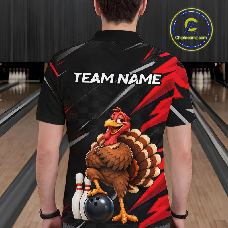 Custom Black & Red Funny Turkey Bowling Shirt for Men Thanksgiving Bowling Jersey QZT1337
