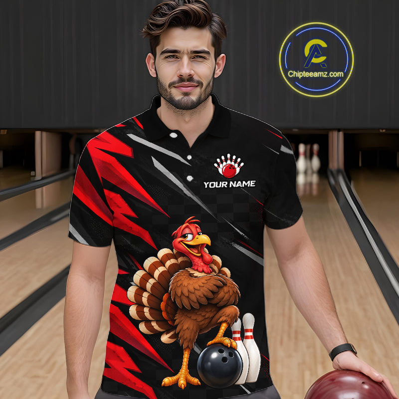 Custom Black & Red Funny Turkey Bowling Shirt for Men Thanksgiving Bowling Jersey QZT1337