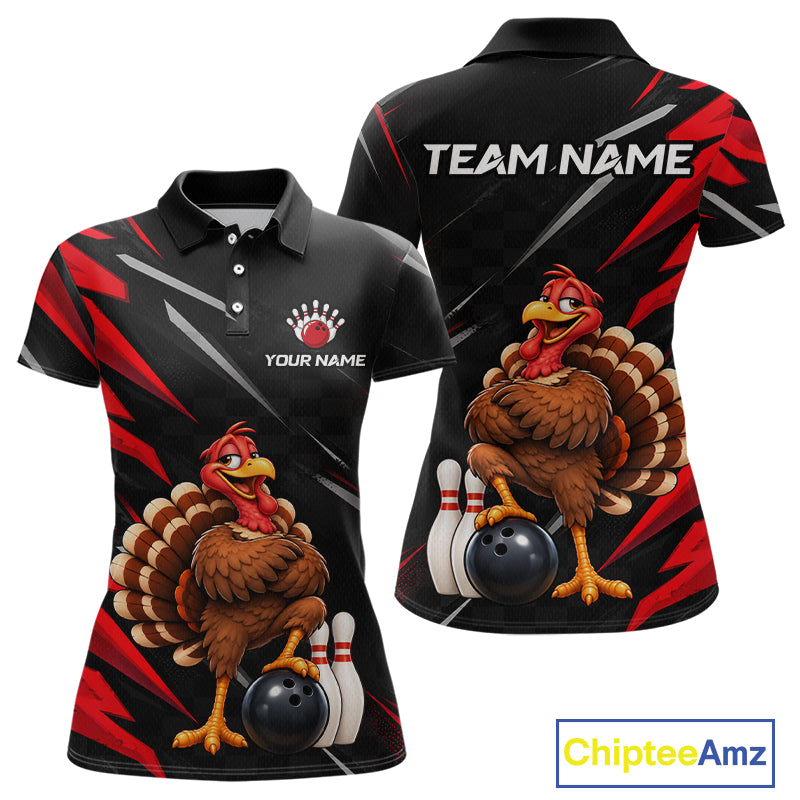 Custom Black & Red Funny Turkey Bowling Shirt for Women Thanksgiving Bowling Jersey QZT1337