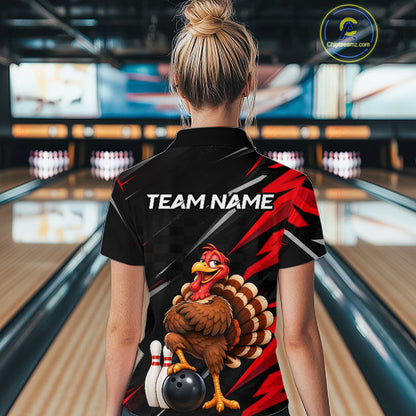 Custom Black & Red Funny Turkey Bowling Shirt for Women Thanksgiving Bowling Jersey QZT1337