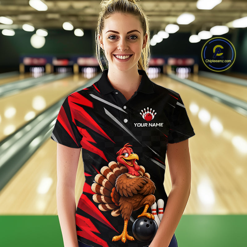 Custom Black & Red Funny Turkey Bowling Shirt for Women Thanksgiving Bowling Jersey QZT1337
