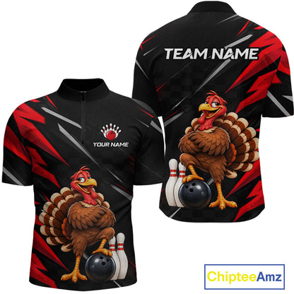 Custom Black & Red Funny Turkey Bowling Shirt for Men Thanksgiving Bowling Jersey QZT1337