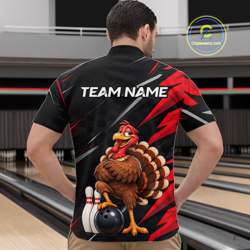 Custom Black & Red Funny Turkey Bowling Shirt for Men Thanksgiving Bowling Jersey QZT1337