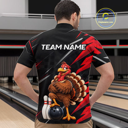 Custom Black & Red Funny Turkey Bowling Shirt for Men Thanksgiving Bowling Jersey QZT1337